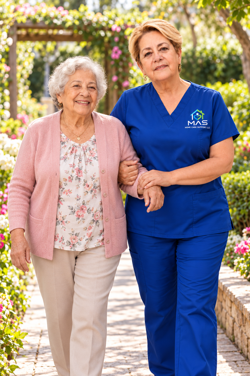 MAS Home Care Support caregiver accompanying a senior client on a walk in the garden